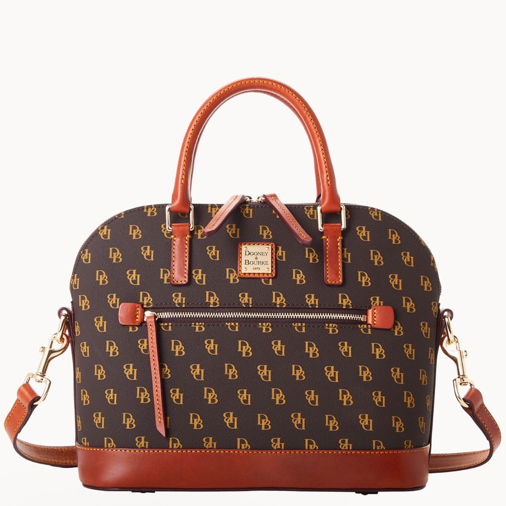 Dooney & Bourke Gretta Domed Zip Satchel Crossbody Black Brown Leather Monogram